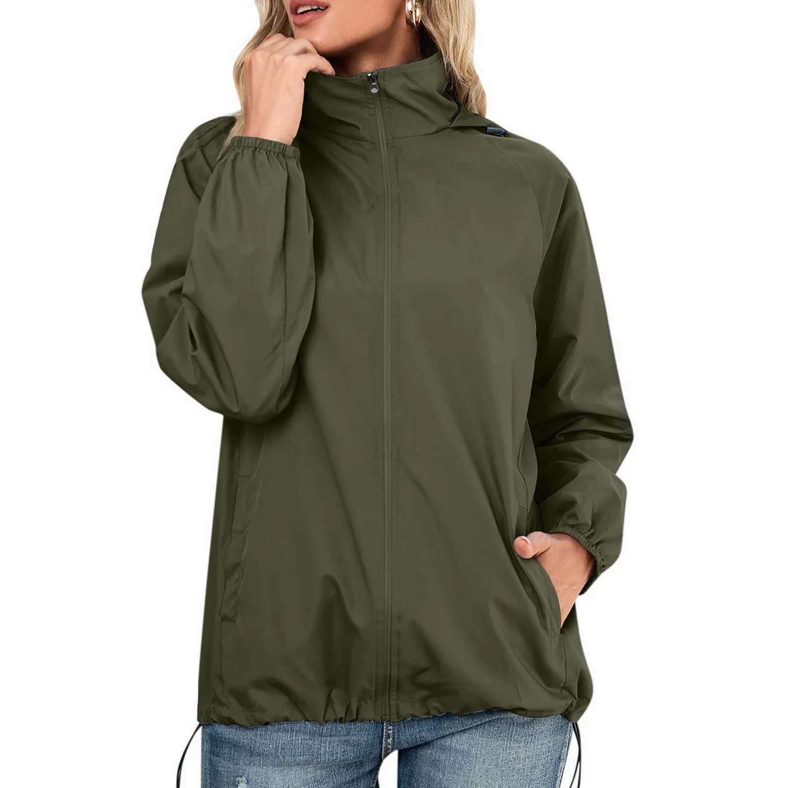 Genérico Cortavientos Mujer-Chubasquero Impermeable Ligero Con Capucha Y Bolsillo Con Cremallera Para Mujer