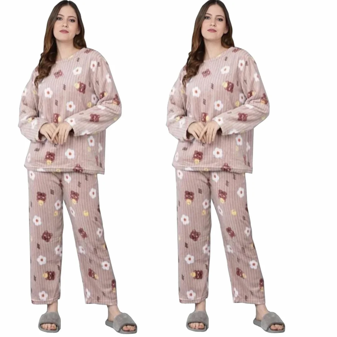Conjunto de pijama de noche estampado para mujer, forro polar, manga larga, cálido, para invierno, paquete de 2