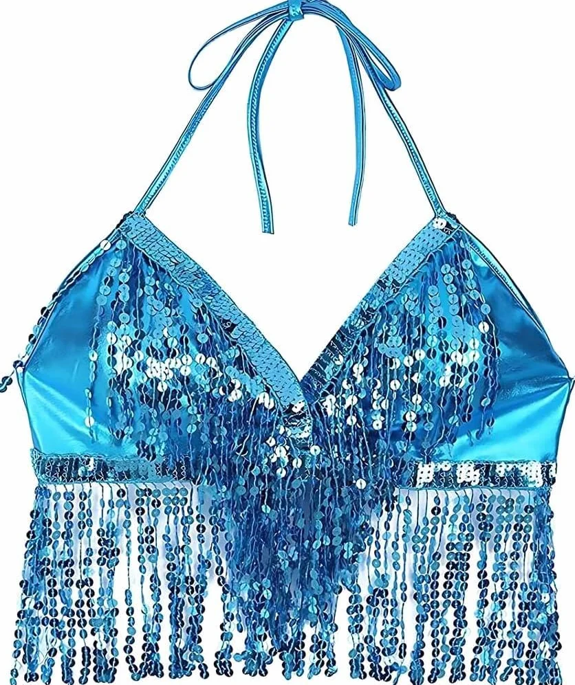 Sujetador de Danza del Vientre con Lentejuelas y Borlas para Mujer (Azul)