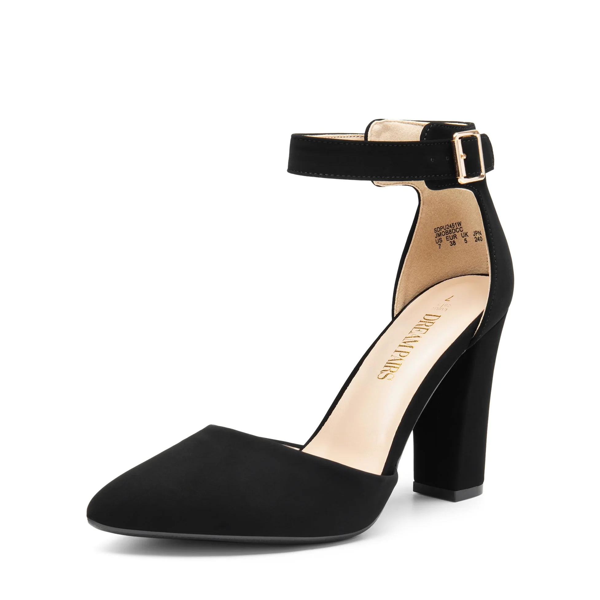 DREAM PAIRS Zapatos de tacón alto grueso para mujer, con puntera cerrada, puntera puntiaguda, correa al tobillo, para bodas y fiestas