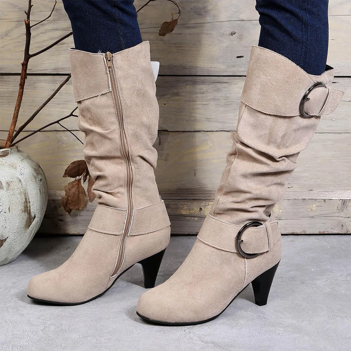 Generisch Botas de equitación de invierno para mujer e invierno Moda de gamuza Tacón fino Color sólido Botas de media pantorrilla Temperamento Botas cómodas