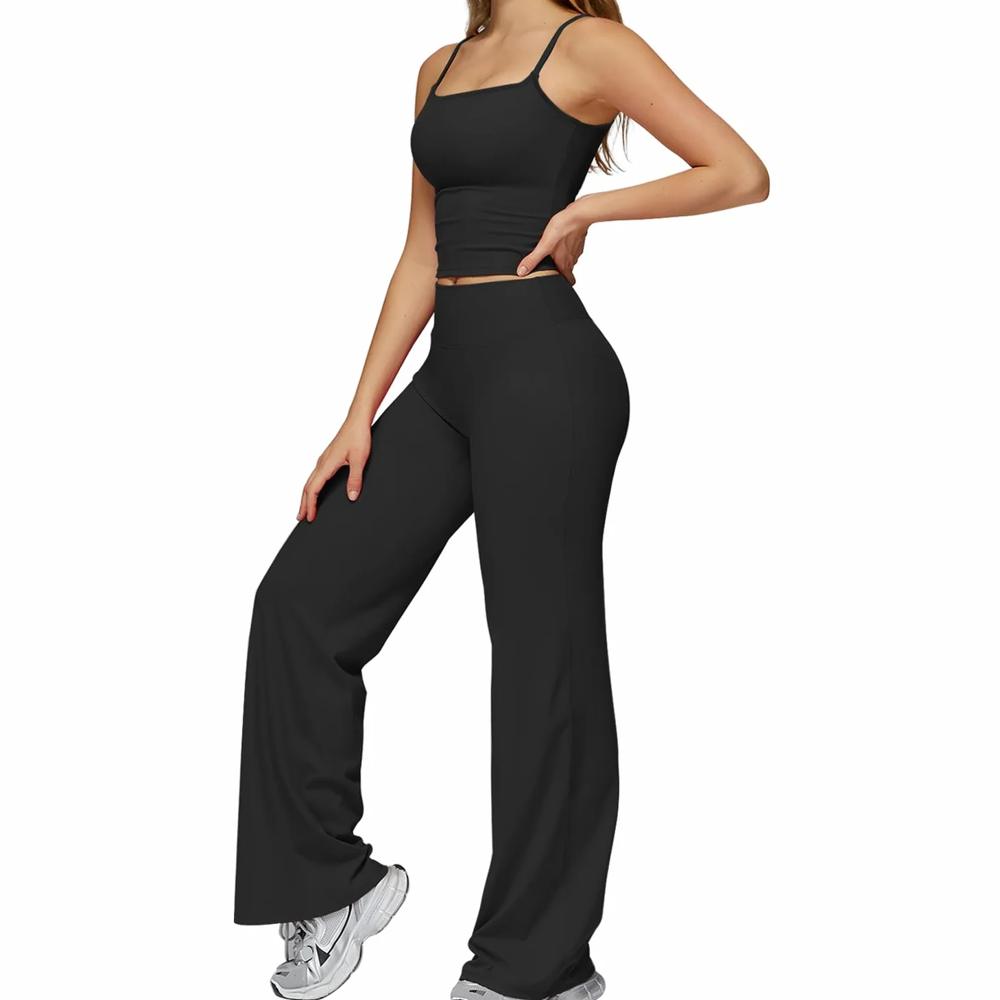 JN JANPRINT Conjunto de gimnasio para mujer, 2 piezas, cuello redondo, camiseta sin mangas, parte inferior de pierna recta, trajes de yoga