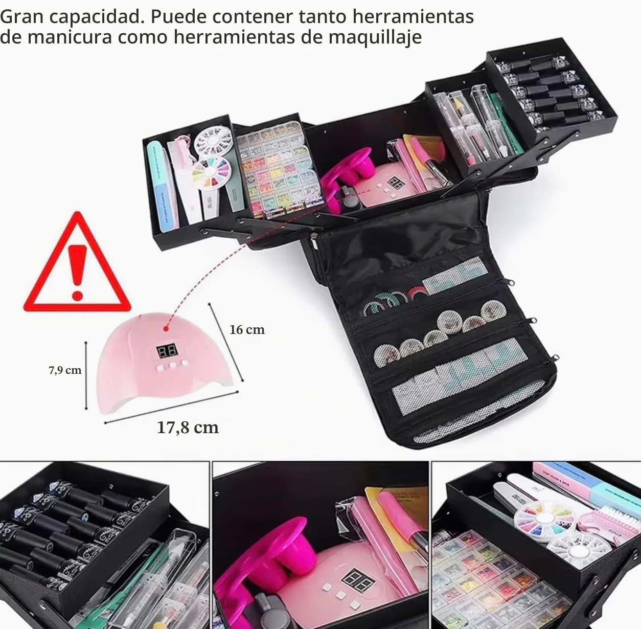 Maleta de Maquillaje Profesional, Maletín Cosmético Negro con Bandeja Expandible y Compartimentos Desplegables, Estuche Portátil 28x27x20 cm