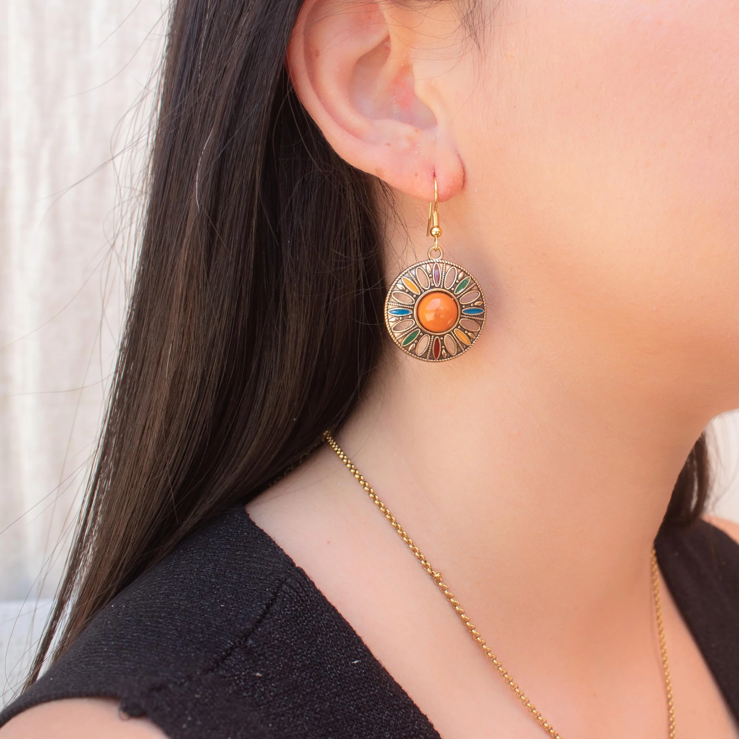 ZARZAMORA Pendientes Bohemio Vintage Plata Tibetana Acero Inoxidable Colgantes Redondos Esmaltados Colorido Regalo Original