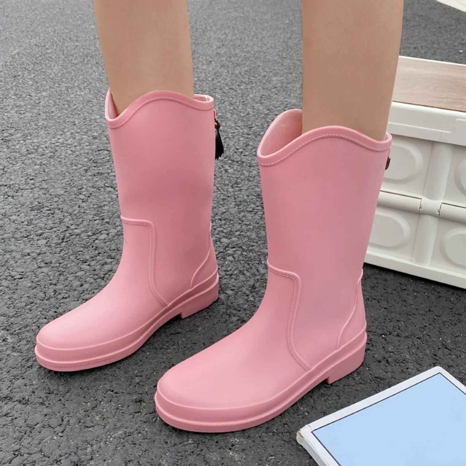 Generisch Botas de agua medias para mujer, botas de lluvia impermeables básicas de un solo color, botas de agua ligeras, unisex, medias botas de pesca, botas de agua para lluvia