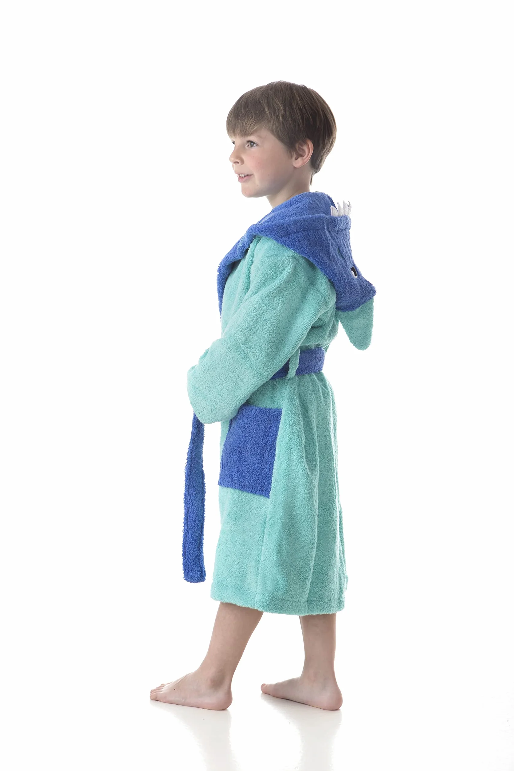 Albornoz Baño Niño Infantil 100% Algodón Bata con Bolsillos, Dibujos y Capucha Shark-Turq (2-4 años)