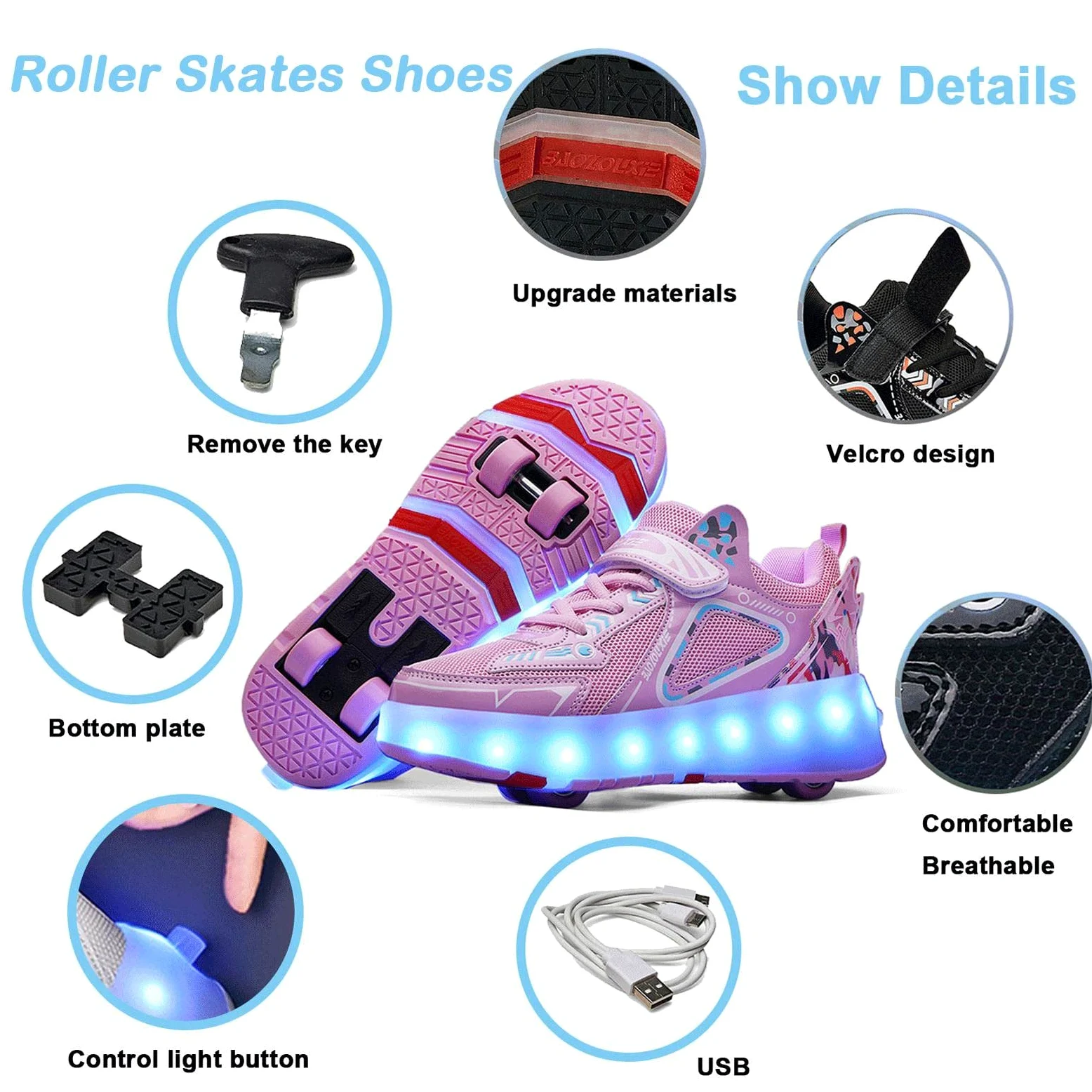TECDOTO Zapatillas con Ruedas, USB Recargable Zapatos de Patines para Niños Niñas Niños Regalo Luz LED 4 Ruedas Zapatos Patines,Pink-38EU