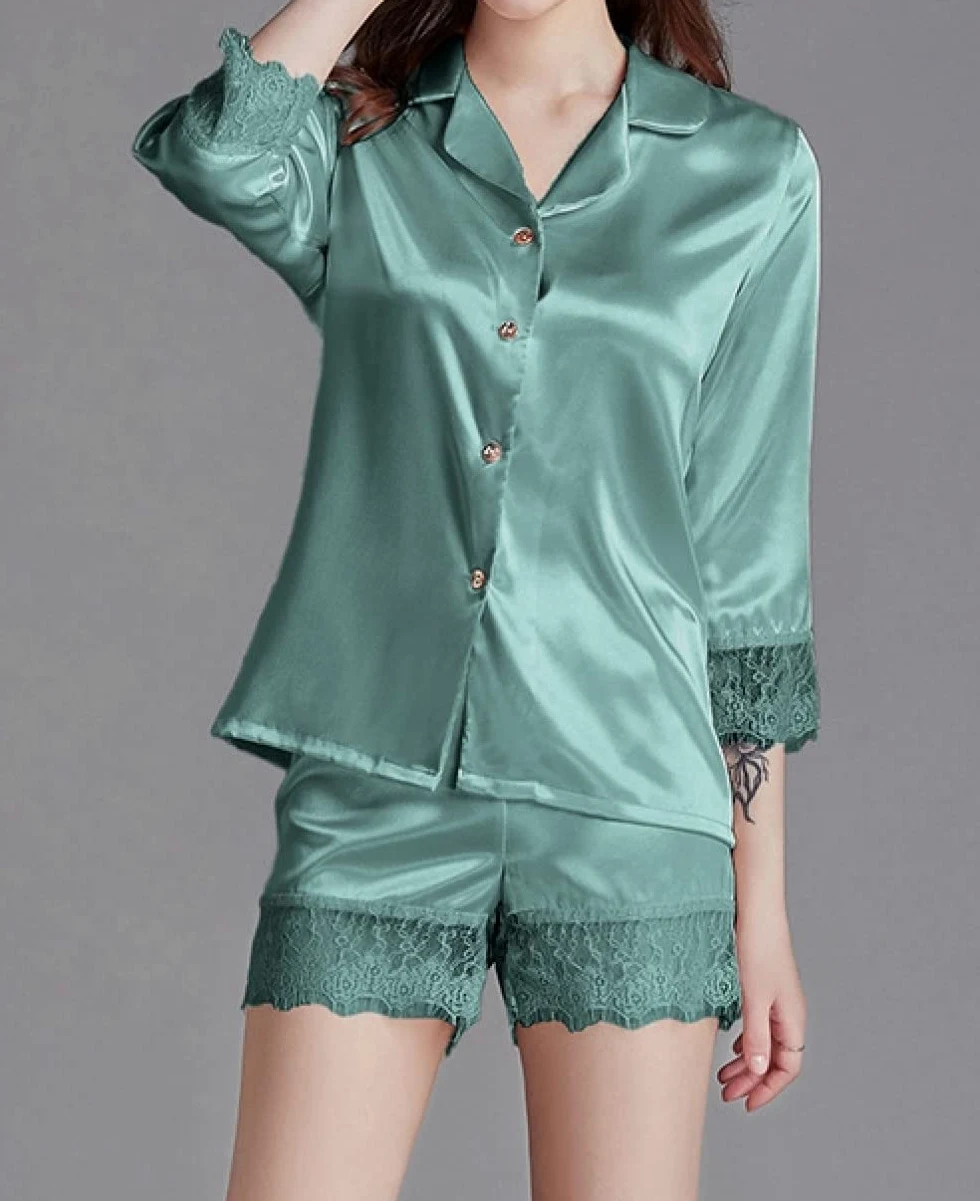 Pijama De Mujer Manga Corta,Pijama De Manga Corta para Mujer con Puños Recortados De Solapa Verde Gris, Conjunto De 2 Piezas, Pijama Suave Y Cómodo para Mujer, Ropa De Salón, Regalo del Día De L