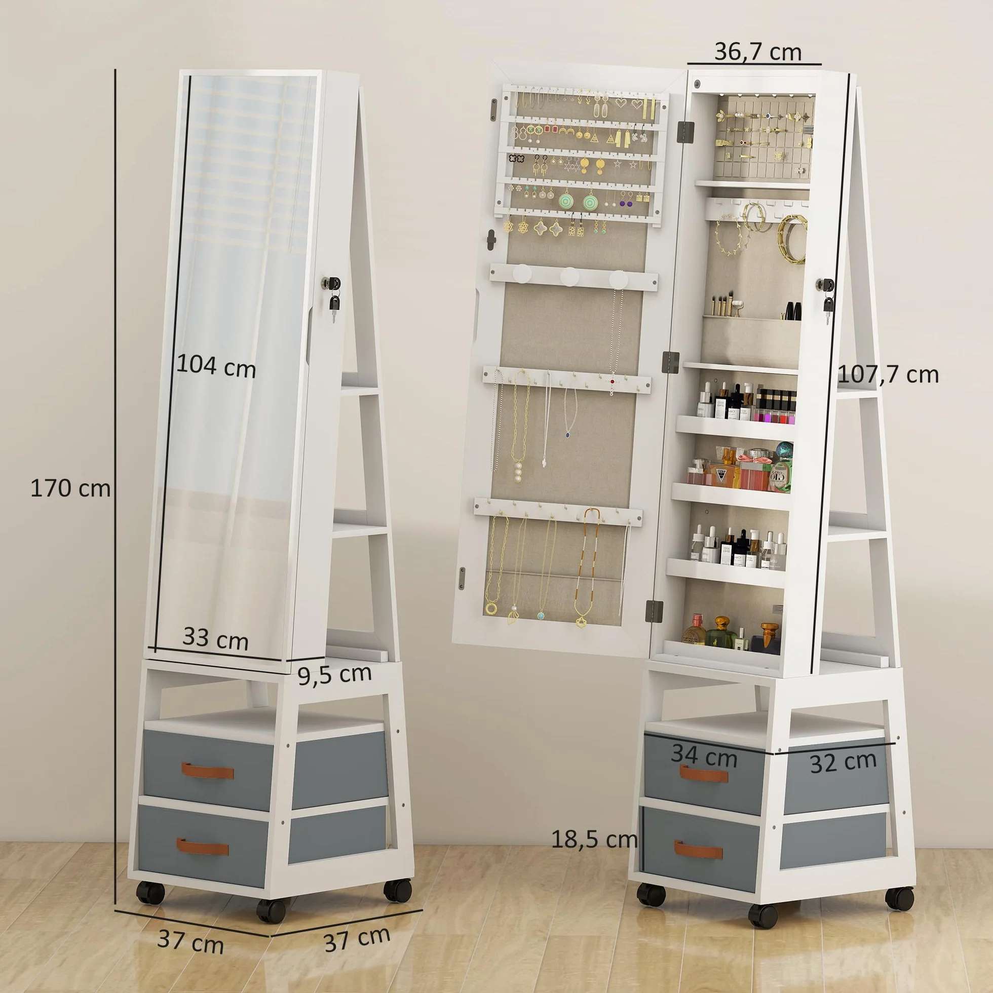 HOMCOM Espejo Joyero con Luces LED Interior, Armario para Joyas con Ruedas, Armario Joyero con Espejo Entero, Giratorio de 360°, Estantes Abiertos, Cajones de Tela, Blanco y Forro Crema