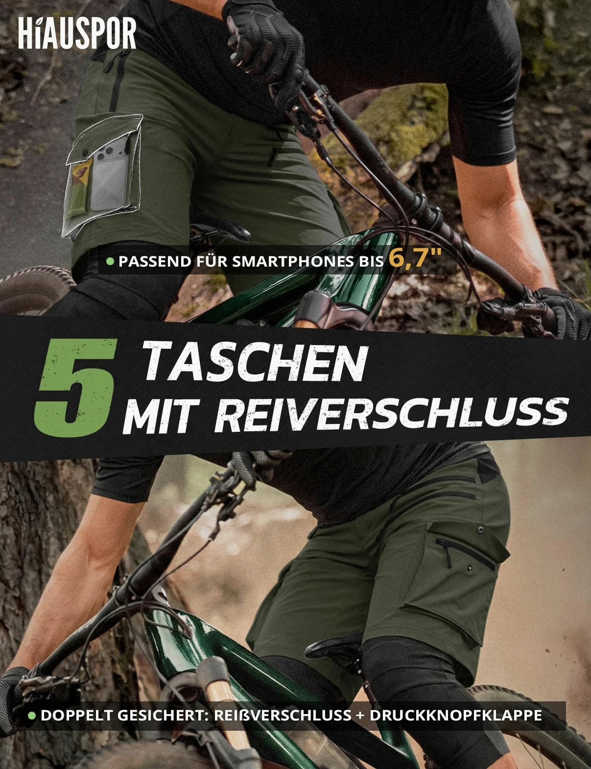 Hiauspor Pantalones Cortos de Ciclismo de montaña para Hombre, de Secado rápido, con Bolsillos con Cremallera MTB Trekking (Multi-Verde, L)