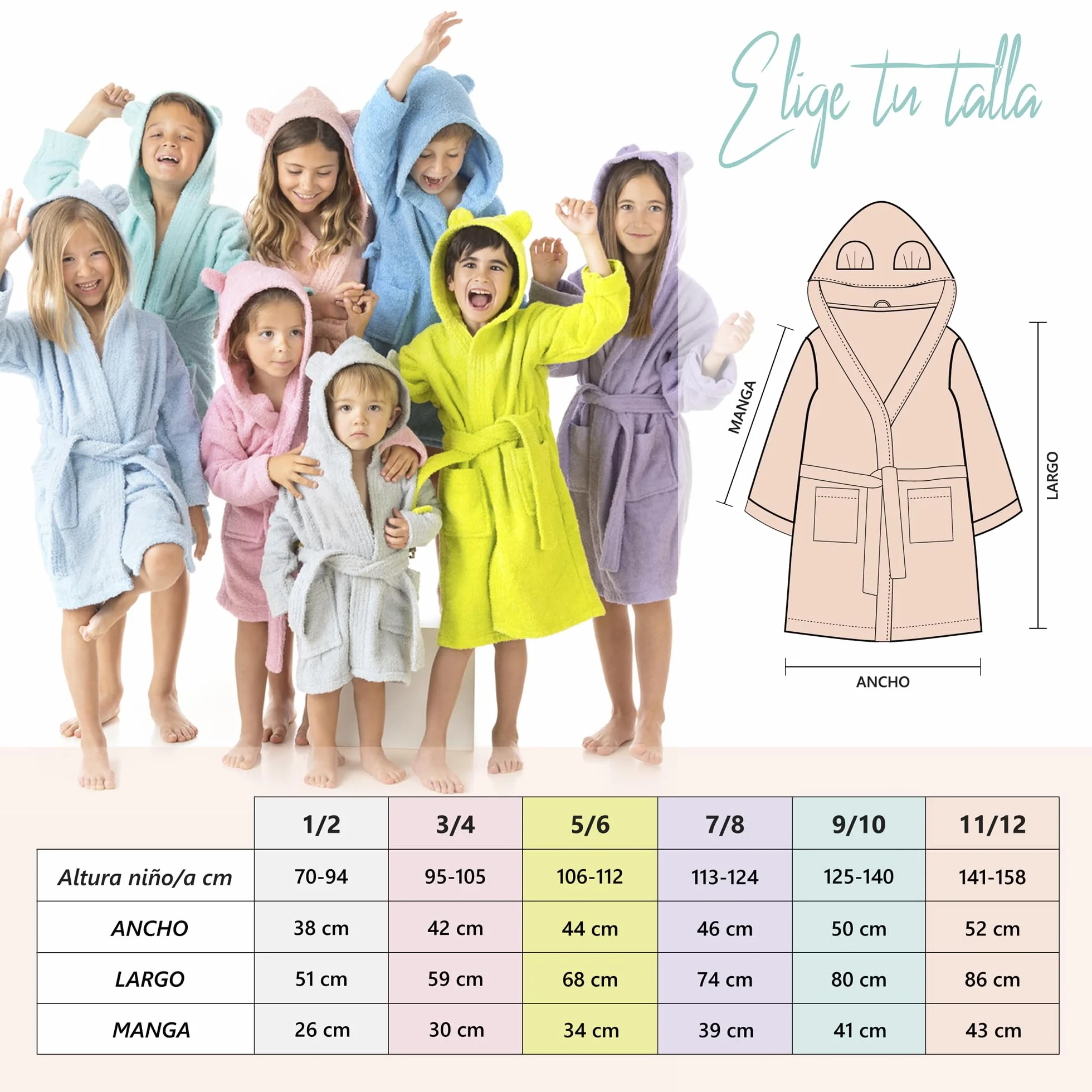 Albornoz Infantil con Orejas 100% Algodón OEKO-TEX® para Niños Niñas con 2 Bolsillos y Capucha