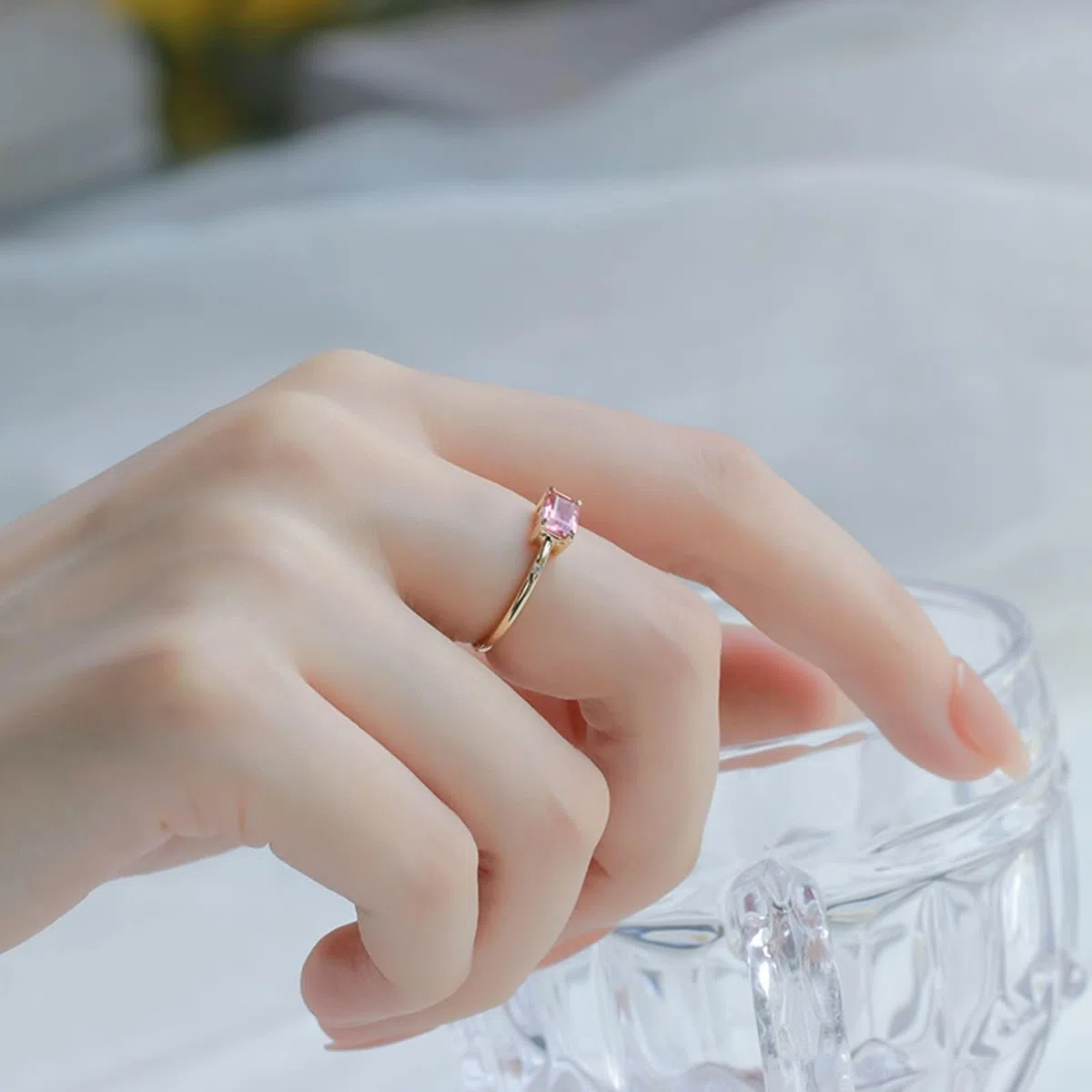 Anillos de Compromiso de Mujer Rectángulo con Turmalina Creada y Moissanita, Anillo de Matrimonio Oro Amarillo 9K/14K/18K de Mujer, Oro