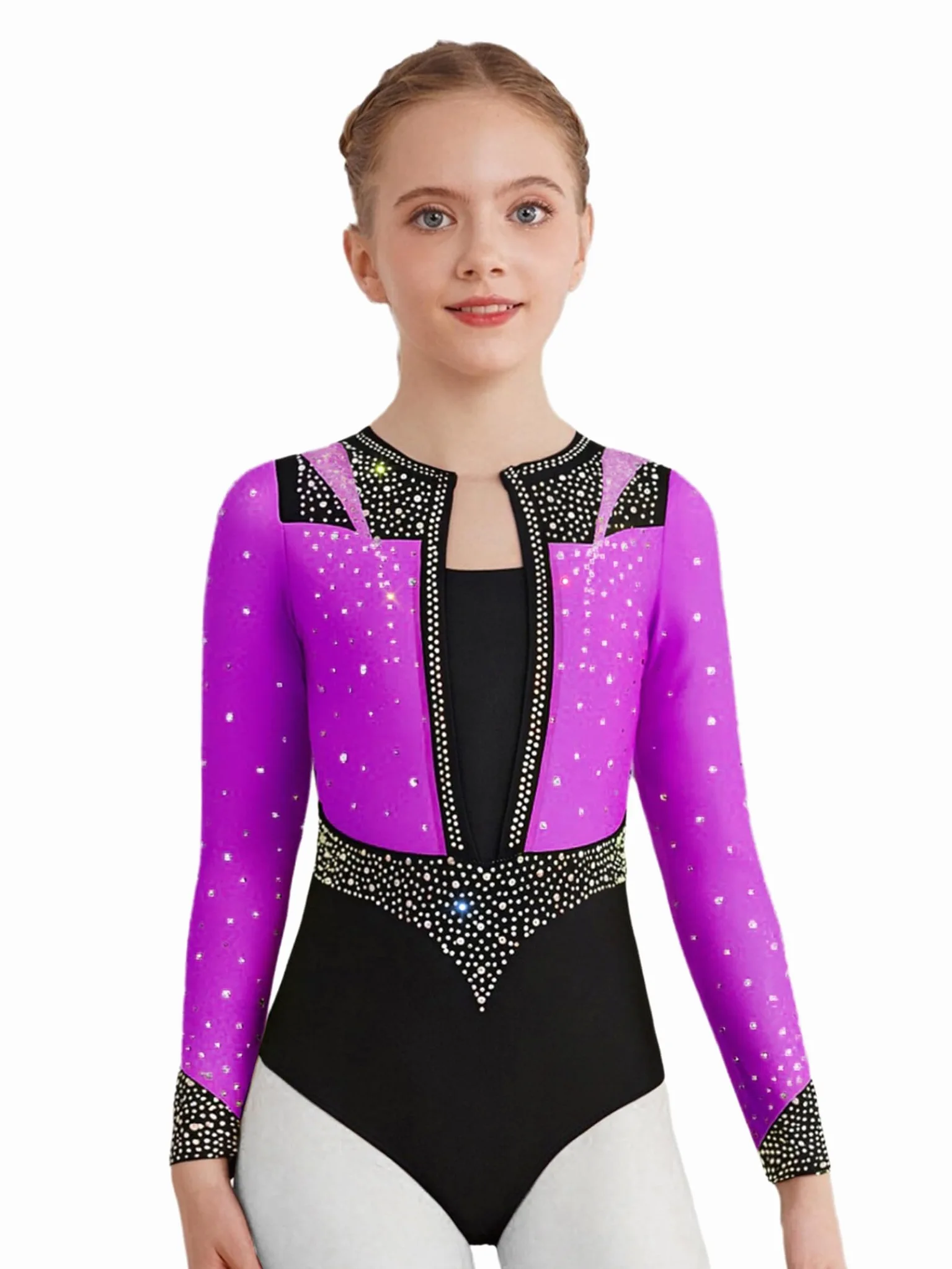Piezas De Traje De Gimnasia Con Destellos Para Niñas Leotardos De Gimnasia De Manga Larga Tops De Deporte Brasier Y Pantalones Traje De Baile Para Púrpura 13-14 años