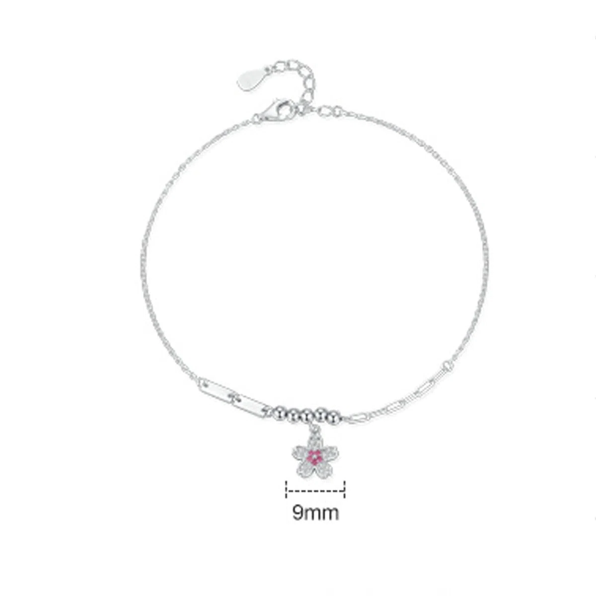 Pulsera para Mujer de Oro Blanco 9Kilates / 14Kilates / 18Kilates, Flor con Zafiro Rosa y Diamante, Cadena Extensible 16 CM + 5 CM, Pulseras Mujer Ajustable Plata Rosa