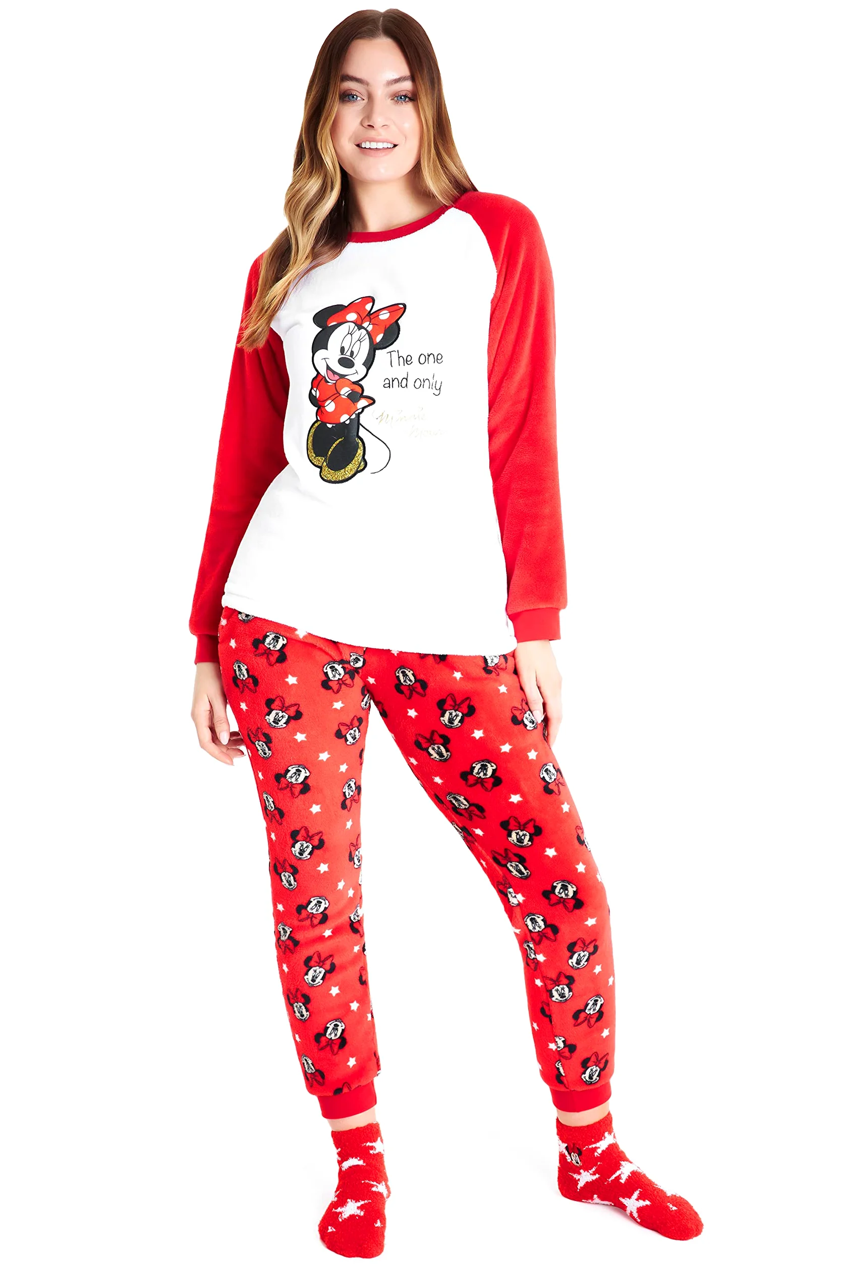 Disney Pijama Mujer Invierno de Polar con Calcetines Stitch Mickey Minnie Baby Yoda (Blanco/Rojo Minnie, S), 8691