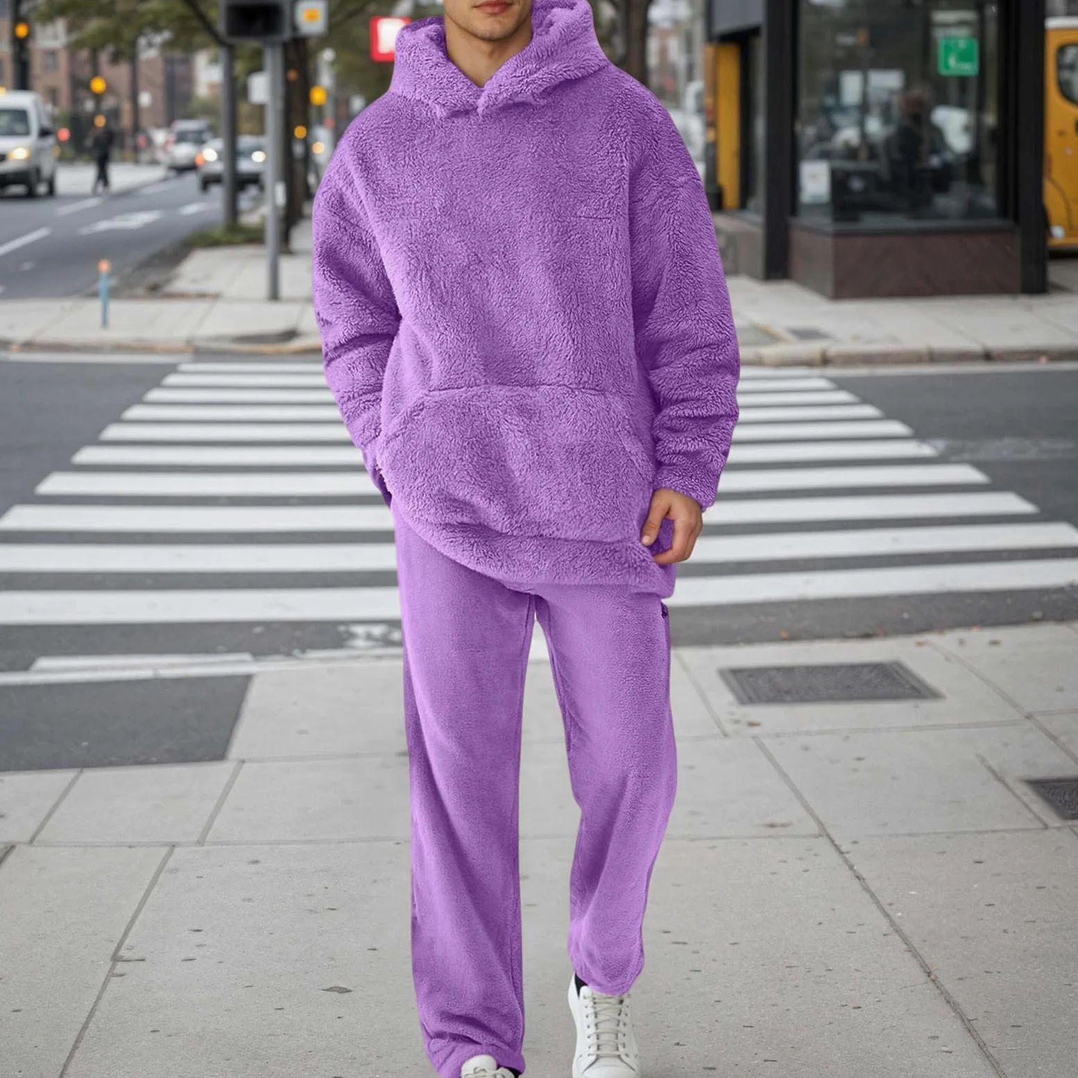 Generisch Chándal de forro polar cálido para hombre con capucha para correr, informal, conjunto de ropa de salón con bolsillos, ajuste suave y cómodo para el día a día, ocio en invierno