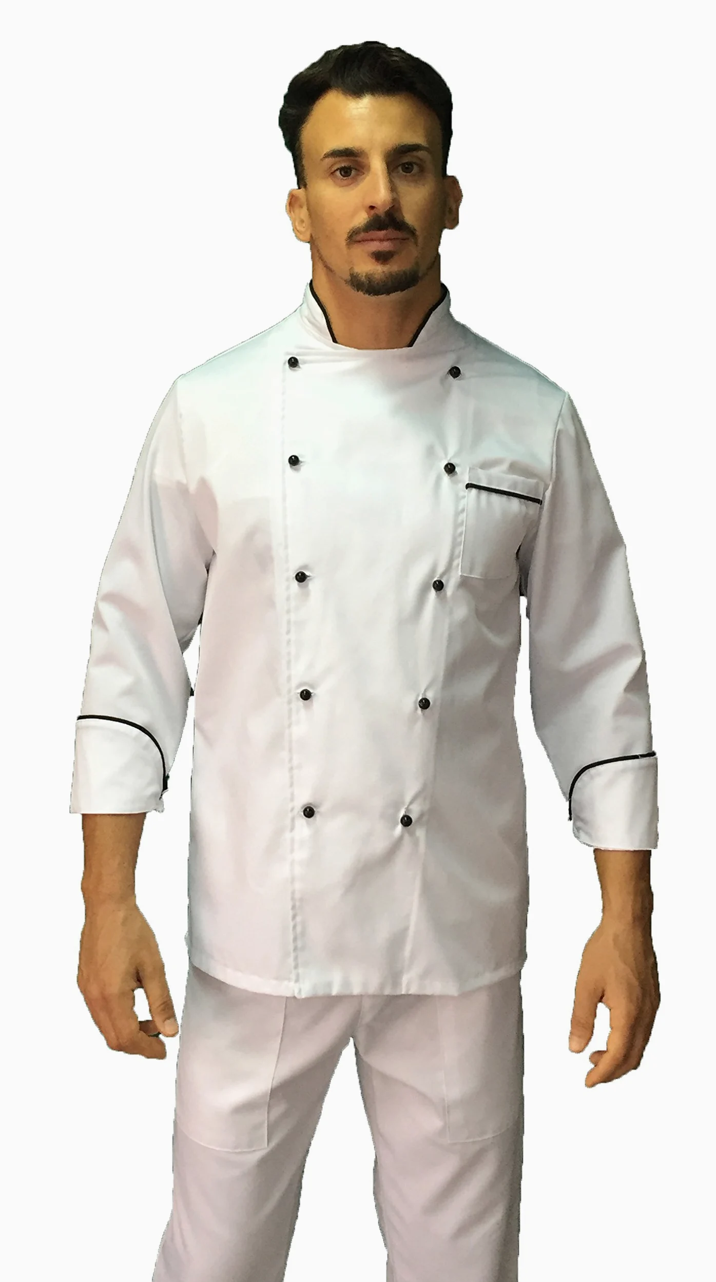 Bordado gratuito – Conjunto de cocinero para hombre – blanco, negro – uniforme de chef – Chaqueta, pantalones y delantal – Uniforme para cocina y restaurante – Fabricado en Italia,