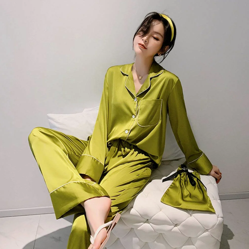 YUHOOE Pijamas De Mujer,Conjuntos De Pijamas Sexy De Satén De Seda para Mujeres Pijamas De Manga Larga De Lujo Europeo Ropa De Dormir Pijama con Botones 2 Piezas Pijama con Bolsa,Verde,XL
