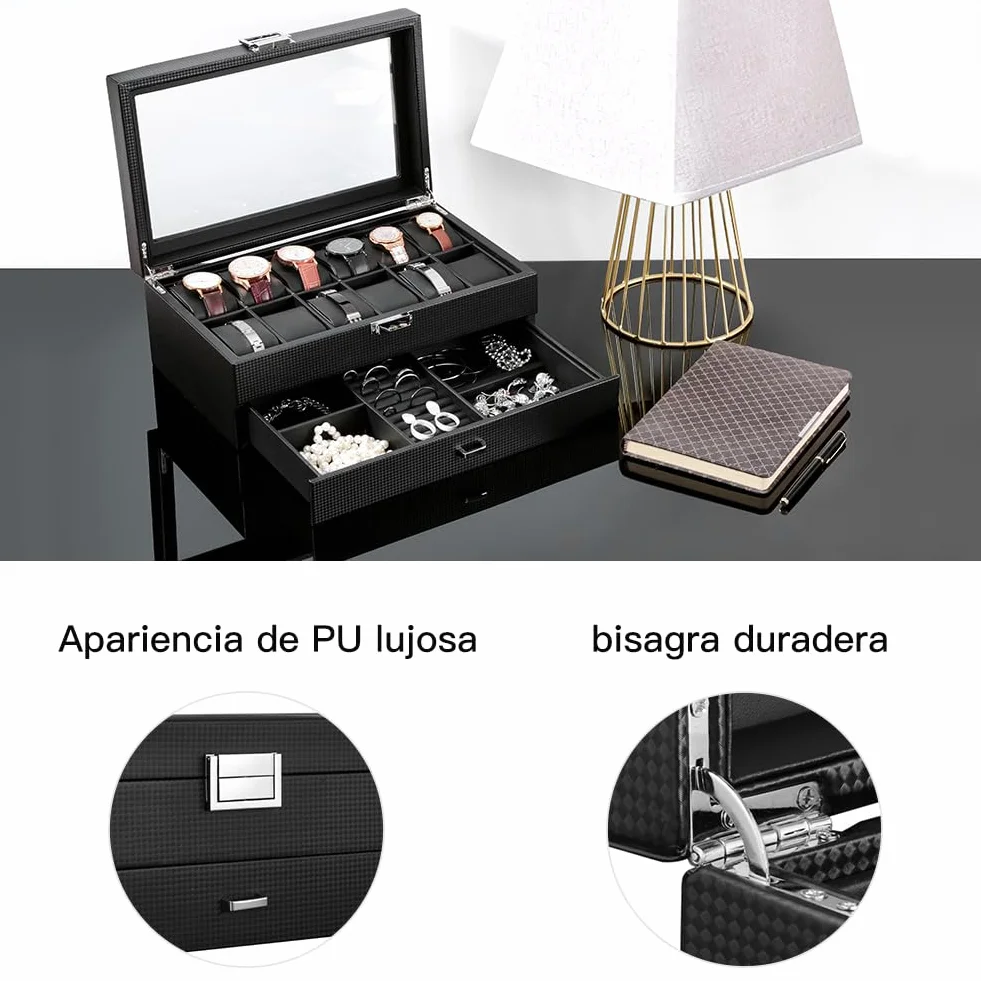 Caja para relojes con 2 niveles, caja de almacenamiento para relojes con tapa de cristal, caja de joyas, 12 compartimentos y 1 cajón para relojes, anillos, pulseras, Fibra de carbono--w60b
