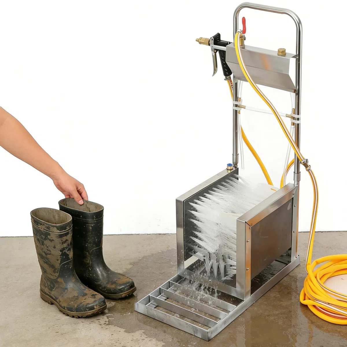 Cepillo raspador de zapatos, limpiador de botas con spray de agua, removedor de barro de acero inoxidable, lavadora automática de calzado, equipo al aire libre, manguera de 10 m