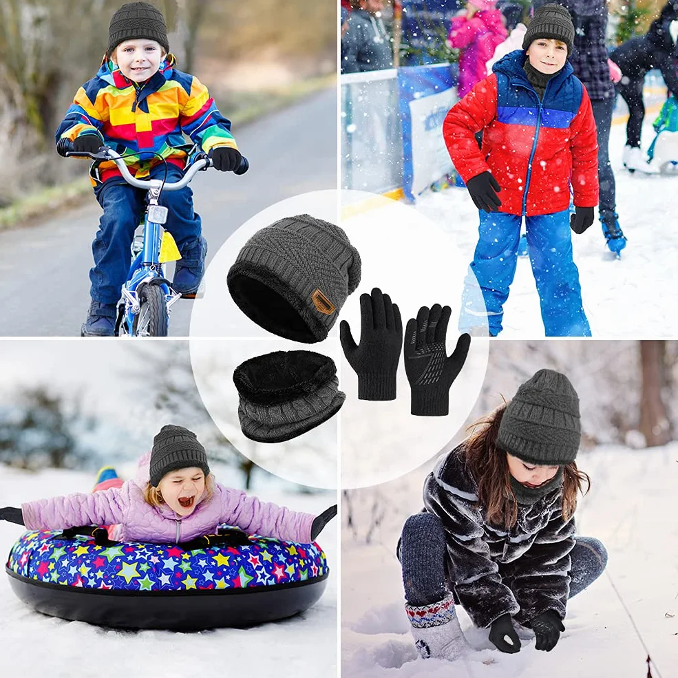Niño Gorra Bufanda Guante Set - Tejer Lana Polar Calentador Cuello Capa Pantalla Táctil Mitones Suave Invierno Disfraz Correr Moto Bici Fútbol Deporte Frío Esqui Nieve Frozen Snowboard Navidad Año5-10