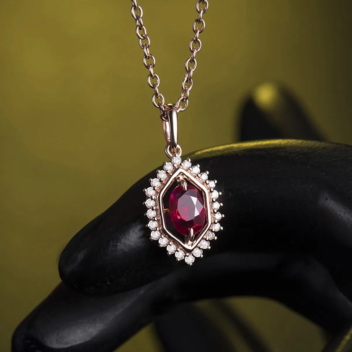 AMDXD Collar para mujer, oro rosa 750, colgante hexagonal con rubí rojo de 0,48 ct, regalo para mujeres, esposa, madre, novia, oro rosa
