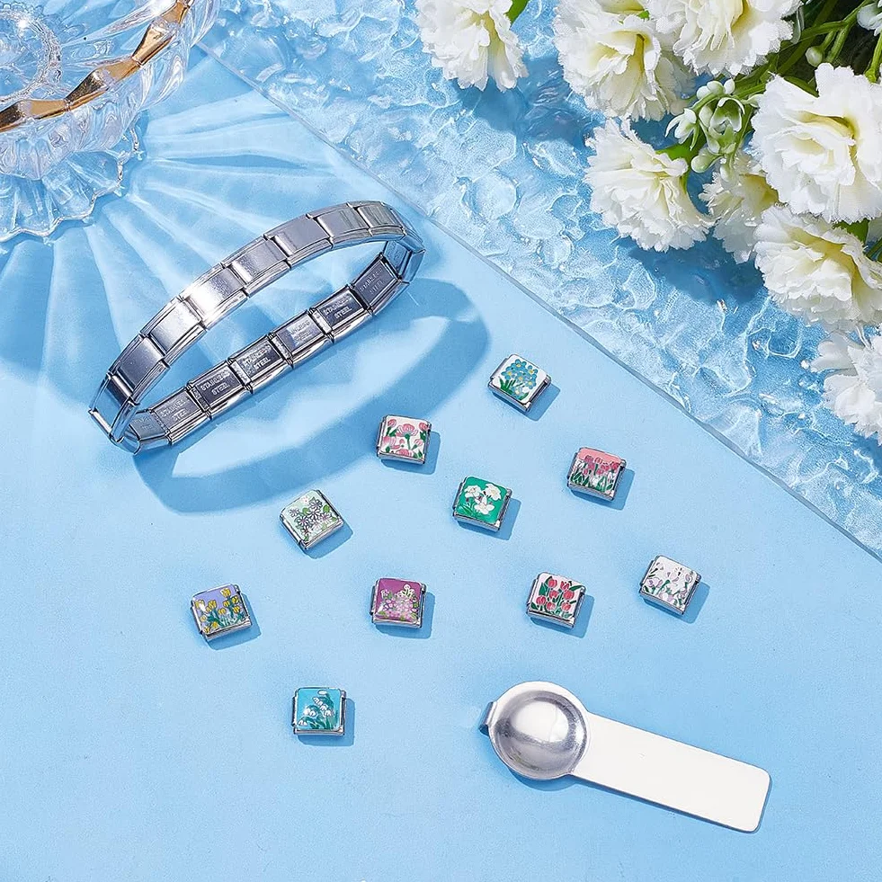 WEBEEDY Pulsera italiana de acero inoxidable ajustable DIY Modular Charm pulsera con colgantes y herramienta de apertura, eslabón italiano modular para mujeres hombres plata