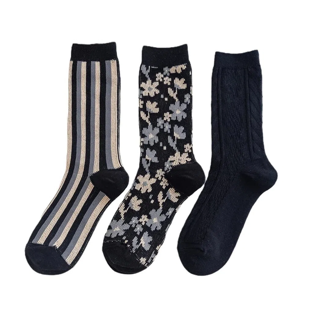 5 Pares otoño Invierno Grueso cálido Mujeres Hombres coaclesocks Flor Raya sólido Negro Calcetines (Color: un tamaño: tamaño Libre) (Color : A, Size : One Size)