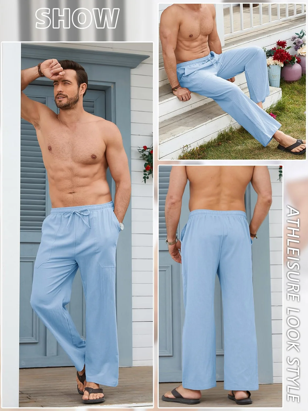 Pantalón Lino Hombre Verano de Mezcla Algodón y Lino Ligero Transpirable con Cintura Elástica Cordon y Bolsillos Pantalones de Lino Hombre Corte Largo