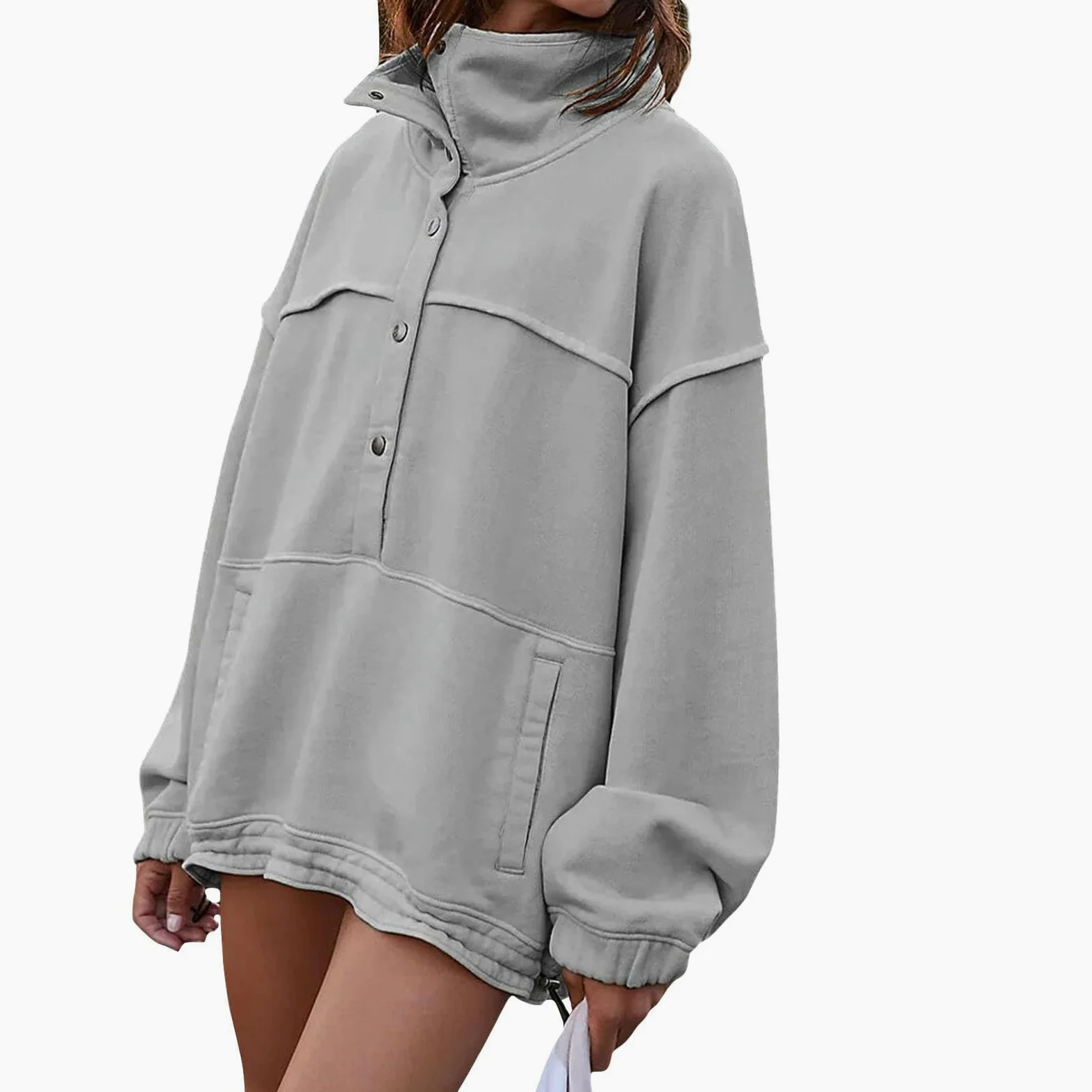 Sudaderas holgadas para Mujer, suéteres de Gran tamaño de Invierno, Tops de Cuello Alto con Cierres a presión, Sudaderas de Manga Larga, Gris, S