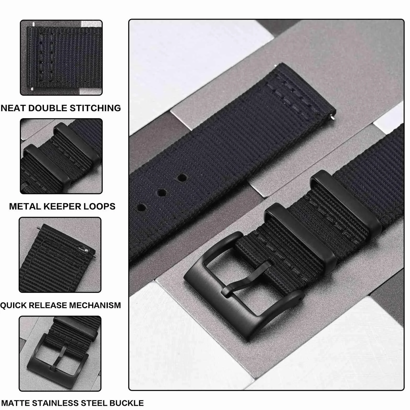 ANBEER Correa de reloj de nylon de dos piezas y cierre rápido con hebilla de metal, pulsera de reloj de nylon tejido de doble capa