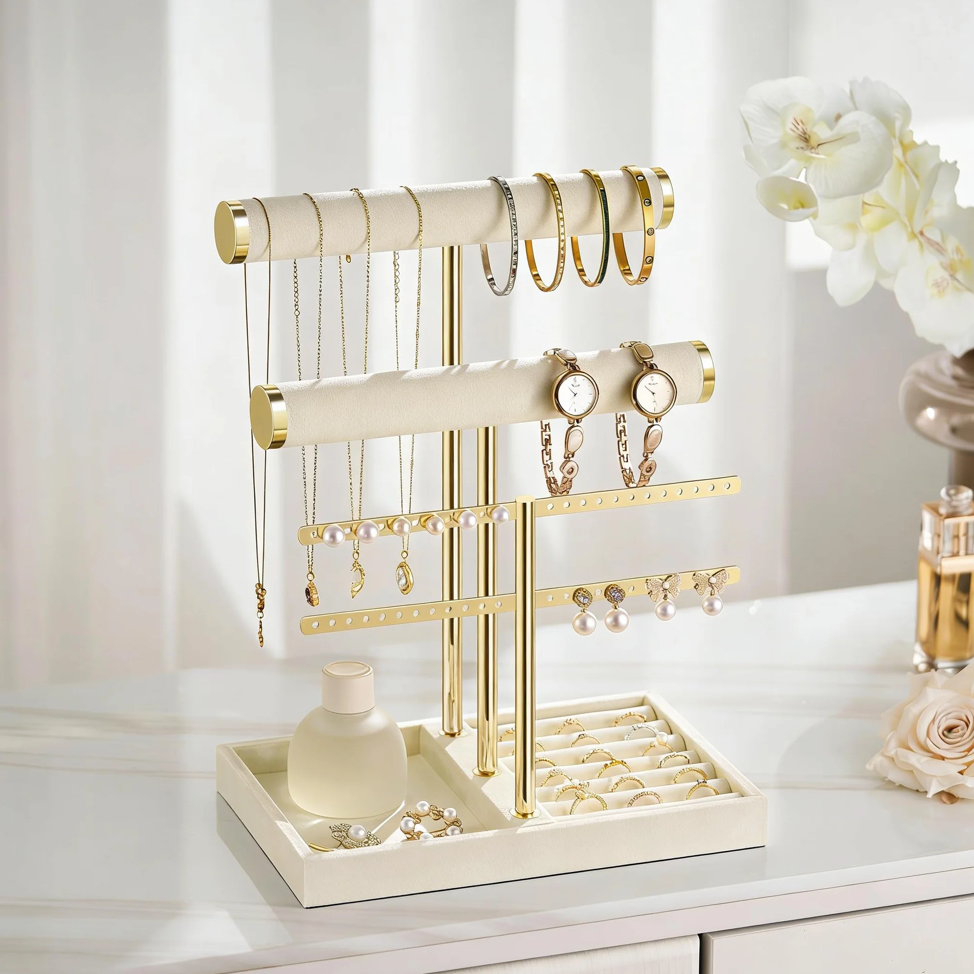 Josmimic Organizador de joyas con 3 niveles – Grande Beige Soporte para joyas pulseras de terciopelo para pulsera, collar, relojes, anillos