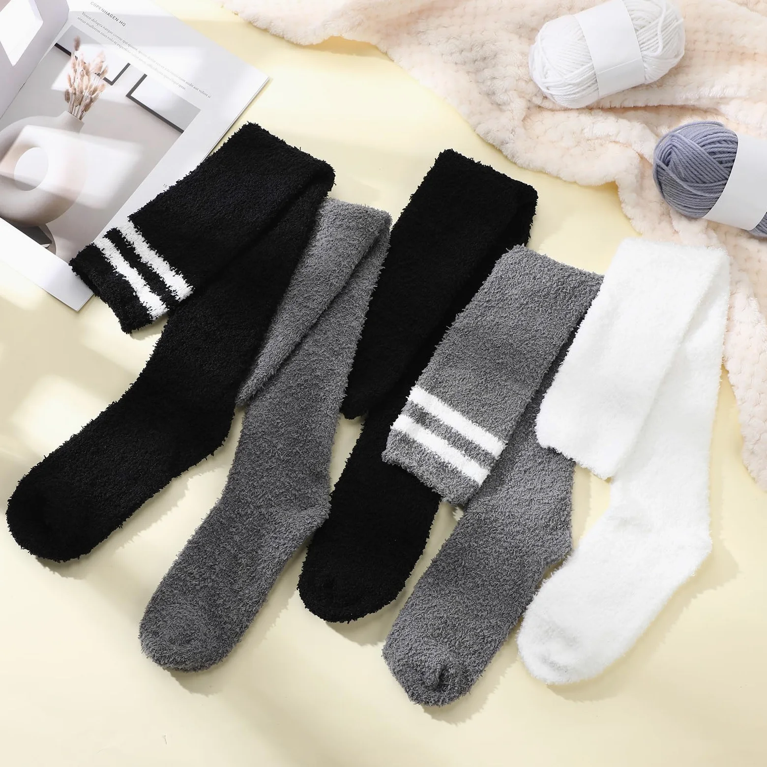 Geyoga 5 pares de calcetines altos hasta el muslo para mujer, calcetines mullidos, cálidos, gruesos, cómodos, suaves, mullidos, acogedores, calcetines de felpa de invierno para mujeres y hombres, ropa