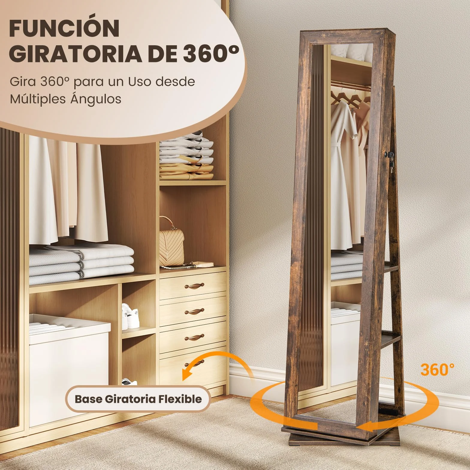 COSTWAY Armario para Joyas Giratorio 360°, Espejo Joyero de Pie con Estantes Traseros, Espejo de Maquillaje Integrado, 3 Cajas y 2 Bolsillos con Cremallera para Dormitorio (Marrón)