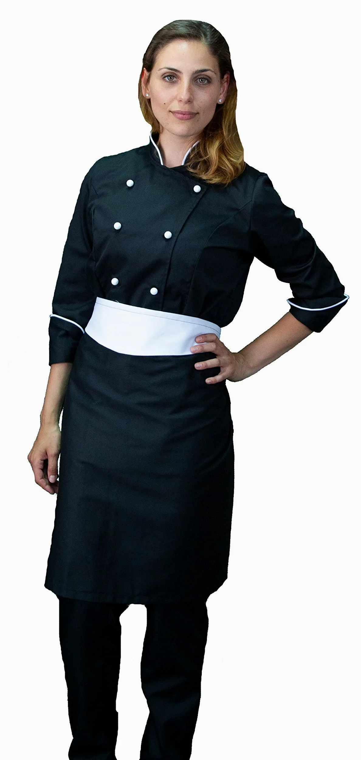 Bordado Gratis Cocinero Mujer - Negro y Blanco - Chaqueta, Pantalón y Delantal - Conjunto para Cocina y Restaurante