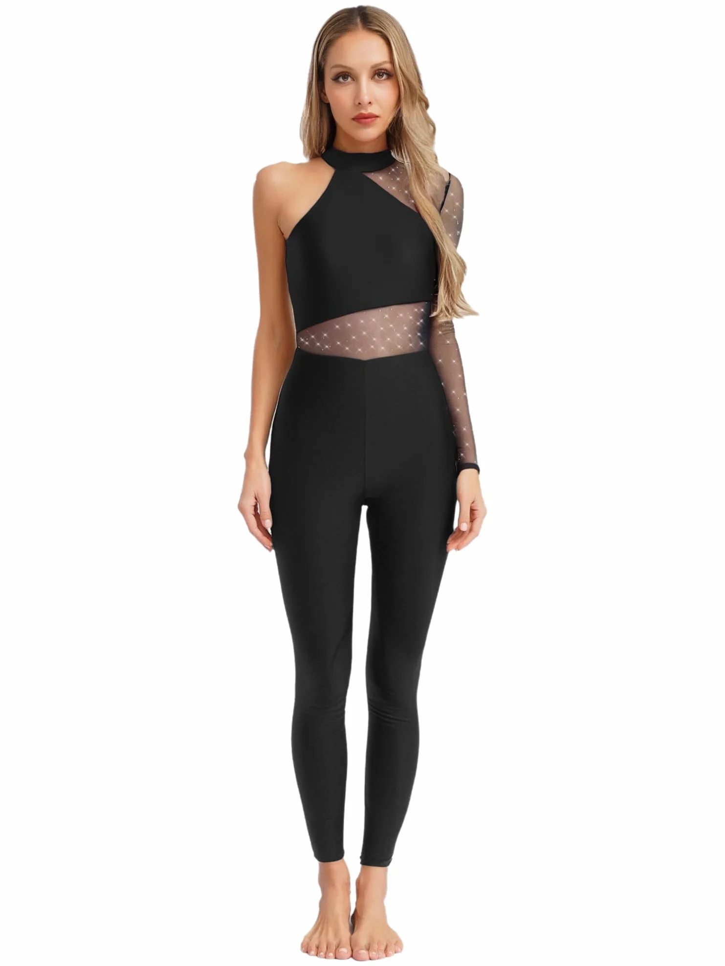 Agoky Maillot de Danza Ballet Mujer Mono Manga Larga con Pedrería Brillante Jumpsuit Deportivo