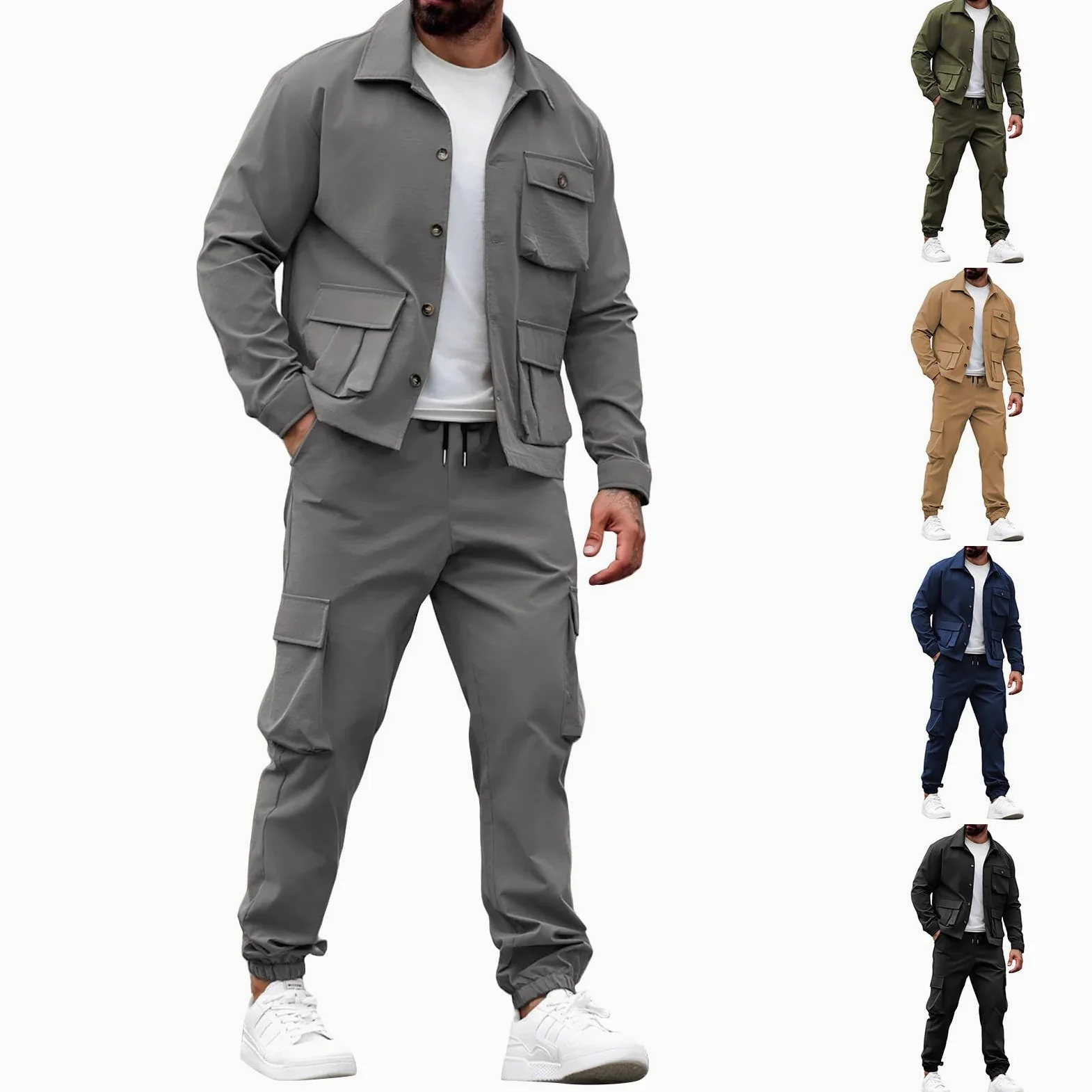 Conjunto completo de chándal para hombre, 2 piezas, chaqueta tipo cargo y | Conjuntos de entrenamiento elásticos, pantalones de escalada y camisetas de entrenamiento, con múltiples bolsillos