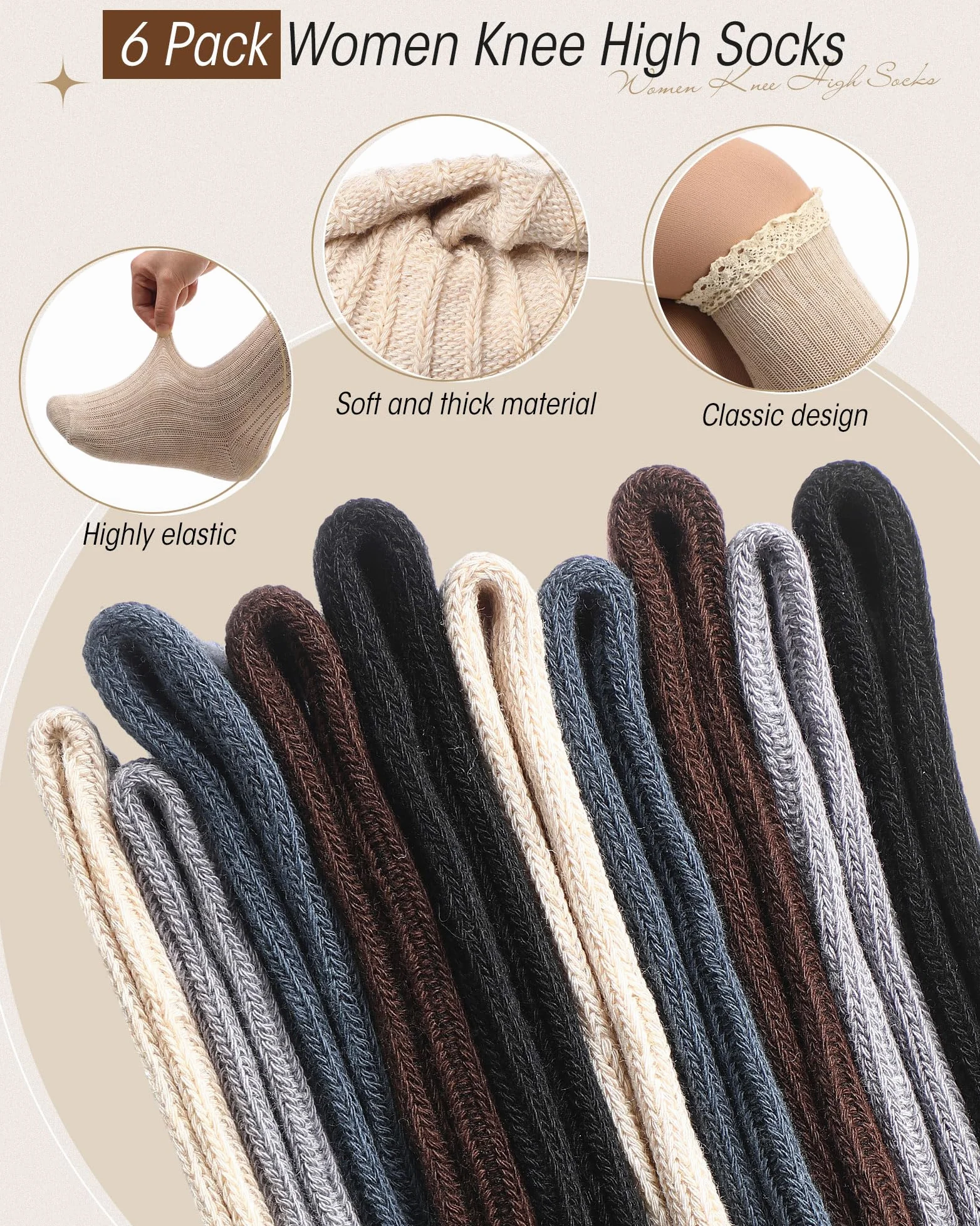 Syhood Paquete de 6 calcetines de punto de algodón para mujer, calcetines altos hasta la rodilla con ribete de encaje, calcetines de encaje, calcetines altos para botas por encima de la rodilla,