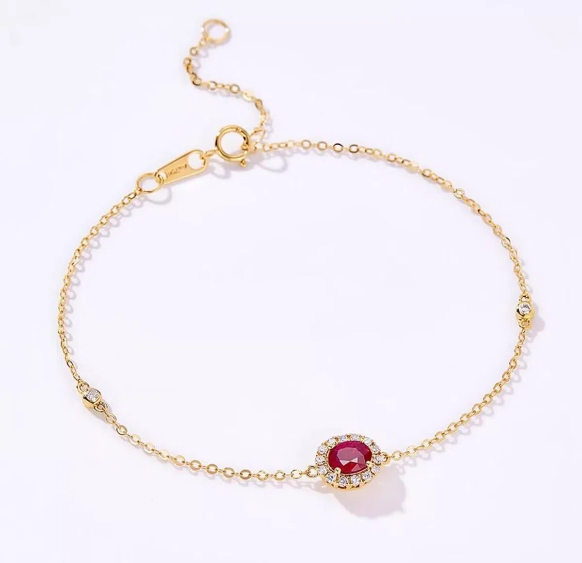 Pulsera para Mujer de Oro 9 K / 14 K / 18 K, Oval con Rubí de 0,3 ct y Diamante, Cadena Extensible 16 CM + 5 CM, Pulsera Oro Ajustable Mujer