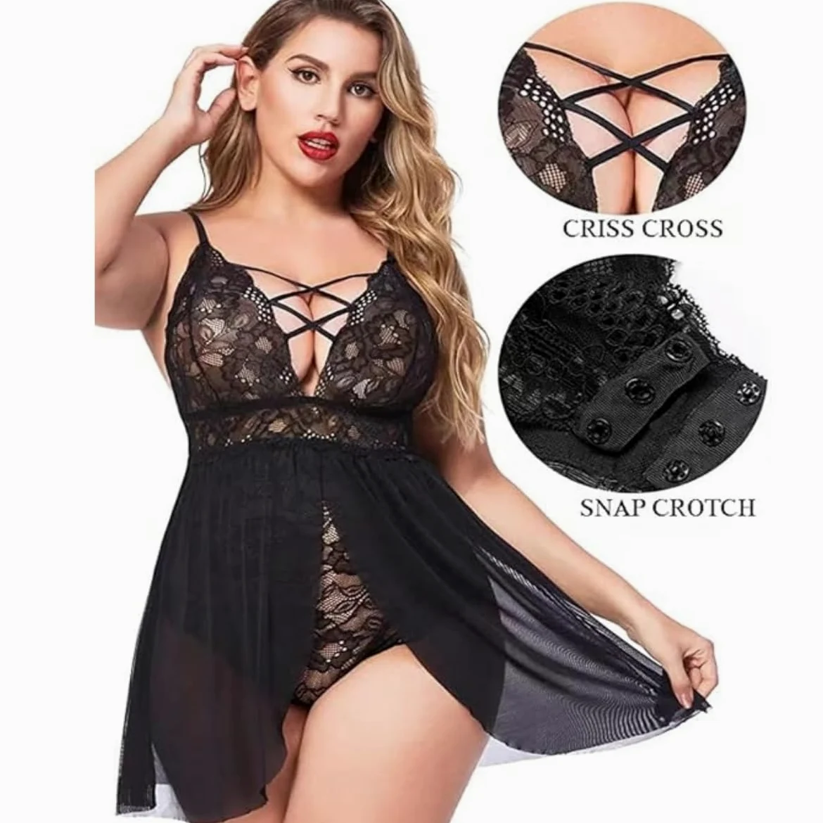 XHYRHTS Babydoll de lencería Sexy de Talla Grande para Mujer, camisón de Encaje, Ropa Interior de negligé, Ropa de Dormir de una Pieza, camisón para Mujer