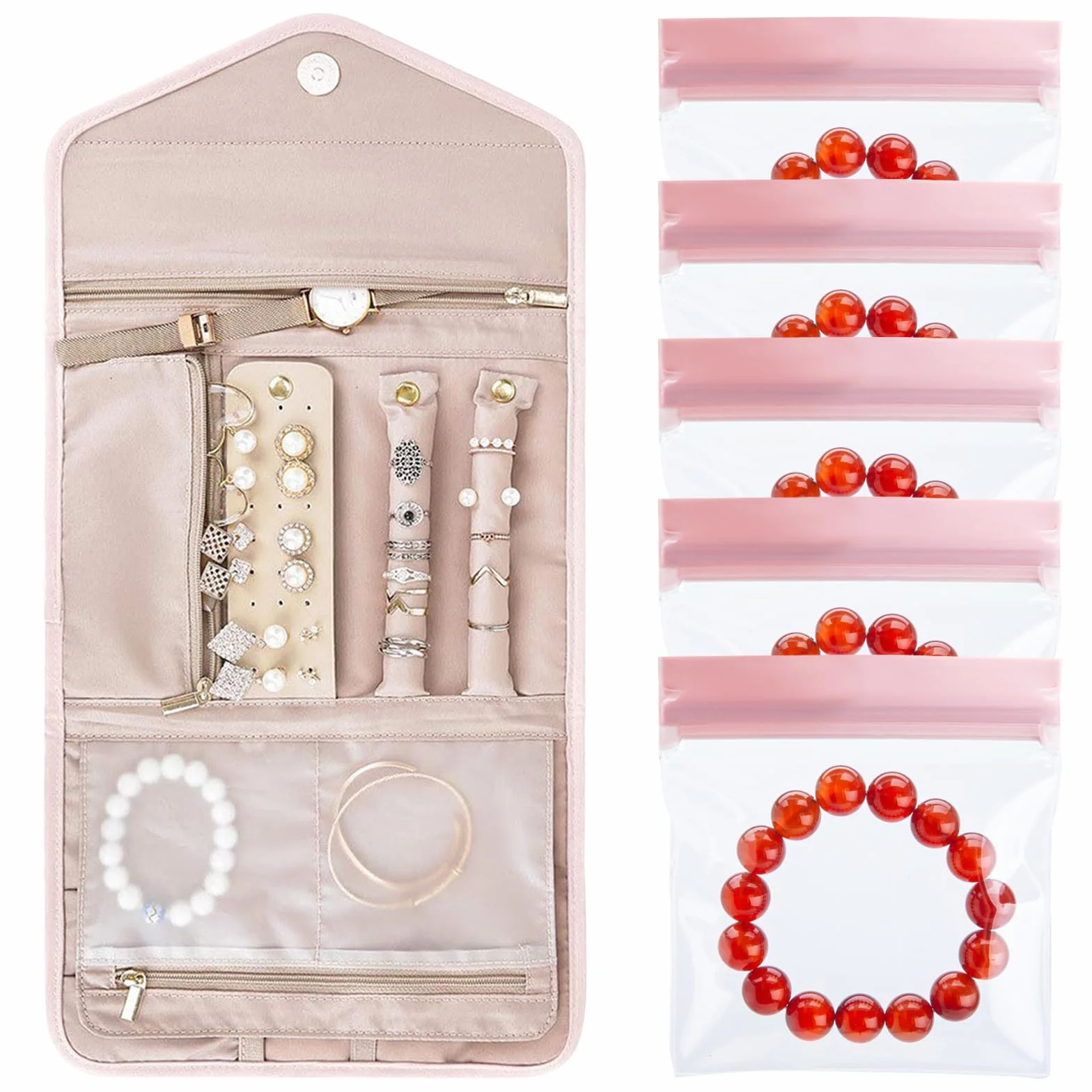 6 piezas Organizador de Joyas, Bolsa de Rollo de Joyería, Bolsa de Almacenamiento de Joyas, con Diseño de Espacio Múltiple, para Collares, Pulseras, Pendientes, Anillos