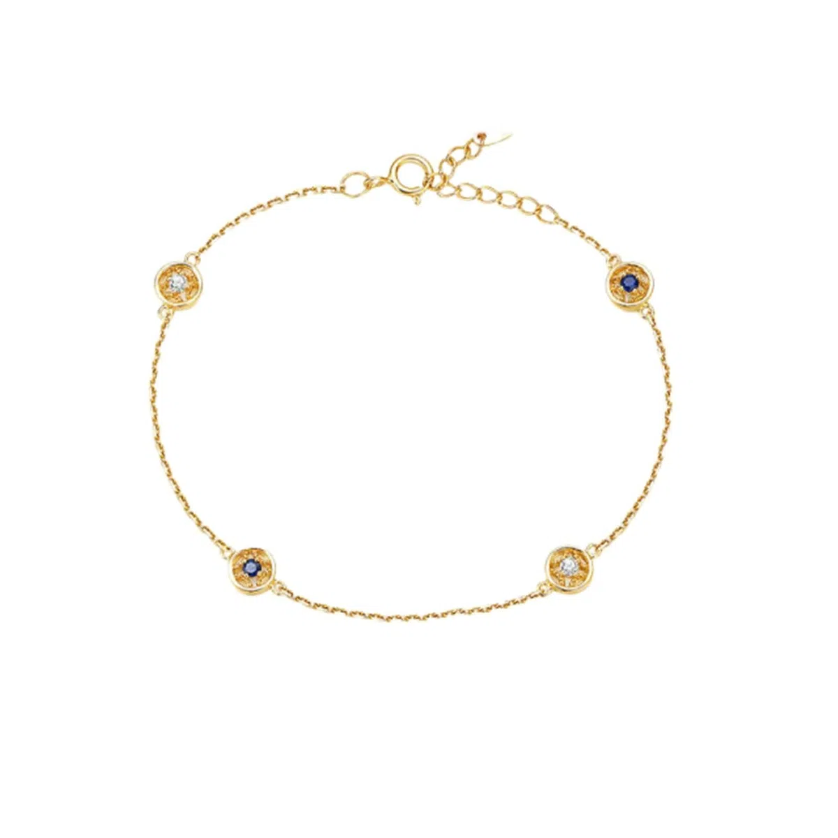 Pulsera Mujer de Oro Amarillo 9Kilates / 14Kilates / 18Kilates, Redondo con Zafiro y Diamante, Cadena Extensible 16 CM + 5 CM, Pulsera Mujer Cadena Oro Azul