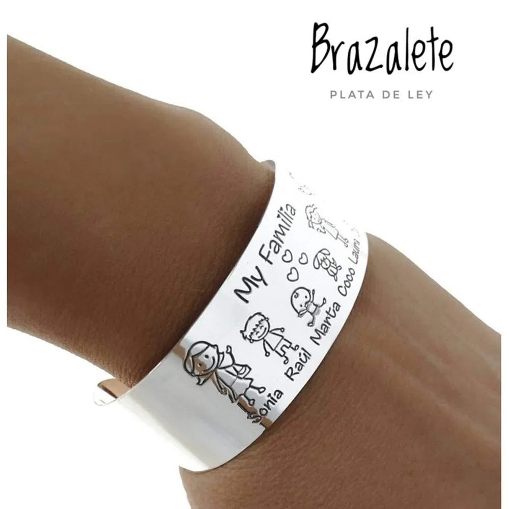 Brazalete plata Ley 925m abierto personalizable 23mm. miembros familia mascotas nombres - Personalizable - GRABACIÓN INCLUIDA EN EL PRECIO