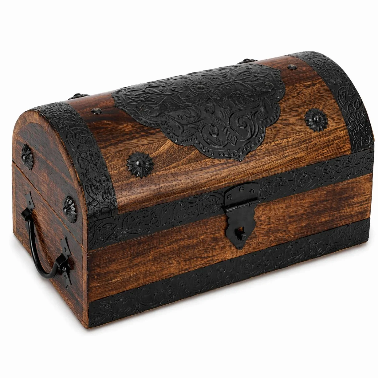 Cofre del Tesoro Pirata de Madera de Mango Hecho a Mano, Caja Decorativa Vintage 28 x 15 x 15 cm