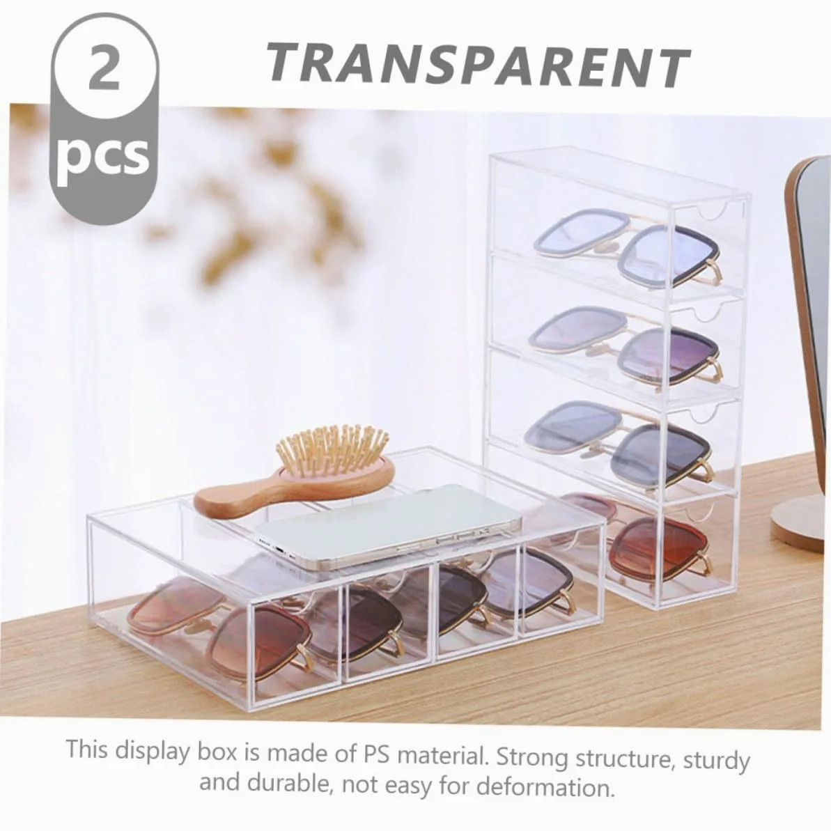 Caja Organizadora sin Rebabas 2 Piezas para Gafas de Sol de Plástico Resistente Diseño Apilable Adecuado para Uso Personal en Casa
