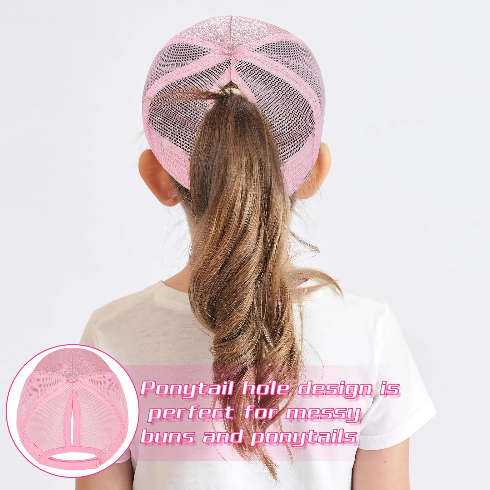 Gorra de Béisbol para Niña Cola de Caballo Ajustable Malla Gafas de Sol Verano Purpurina Rosa