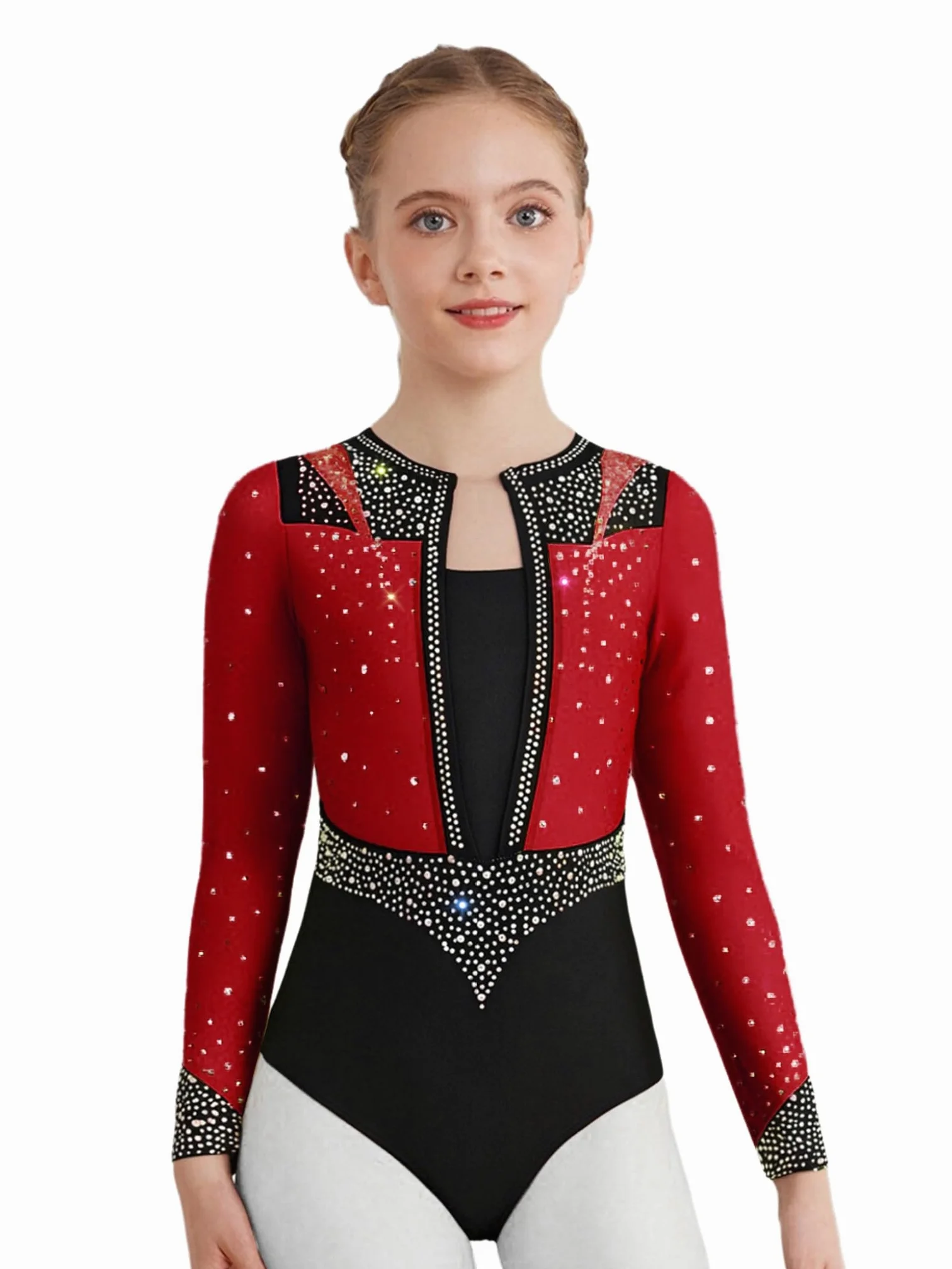 Piezas Traje Gimnasia Niñas Con Brillo Traje Entrenamiento Camiseta Manga Larga Patinaje Artístico Mono Baile borgoña 13-14 años