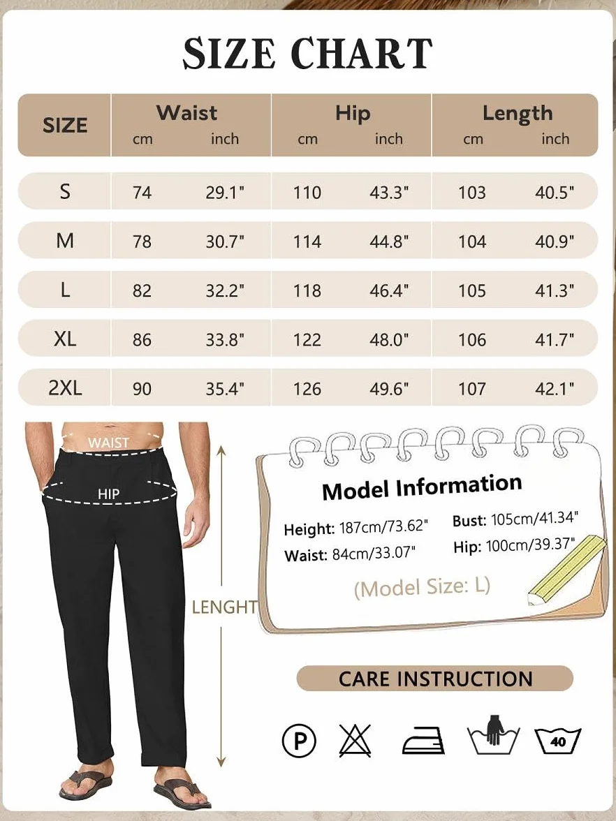 Yutdeng Pantalones Lino Hombre Verano Pantalon Largo Pantalón Lino Algodón Ligeros con Bolsillos Cintura Elástica Pantalon Vestir Casual Anchos Pantalones de Verano Hombre Regular Fit