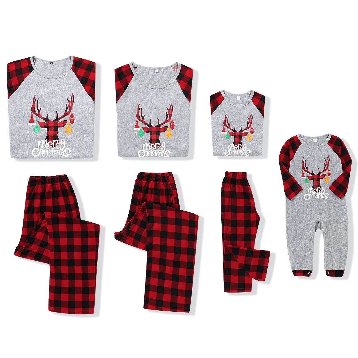 SANMIO Pijamas Familiares de Navidad, Algodón Top de Manga Larga + Raya Pantalones Pijama Dos Pieza Mujer Hombre Niños Niña Ropa de Dormir para Mameluco Alce de Navidad