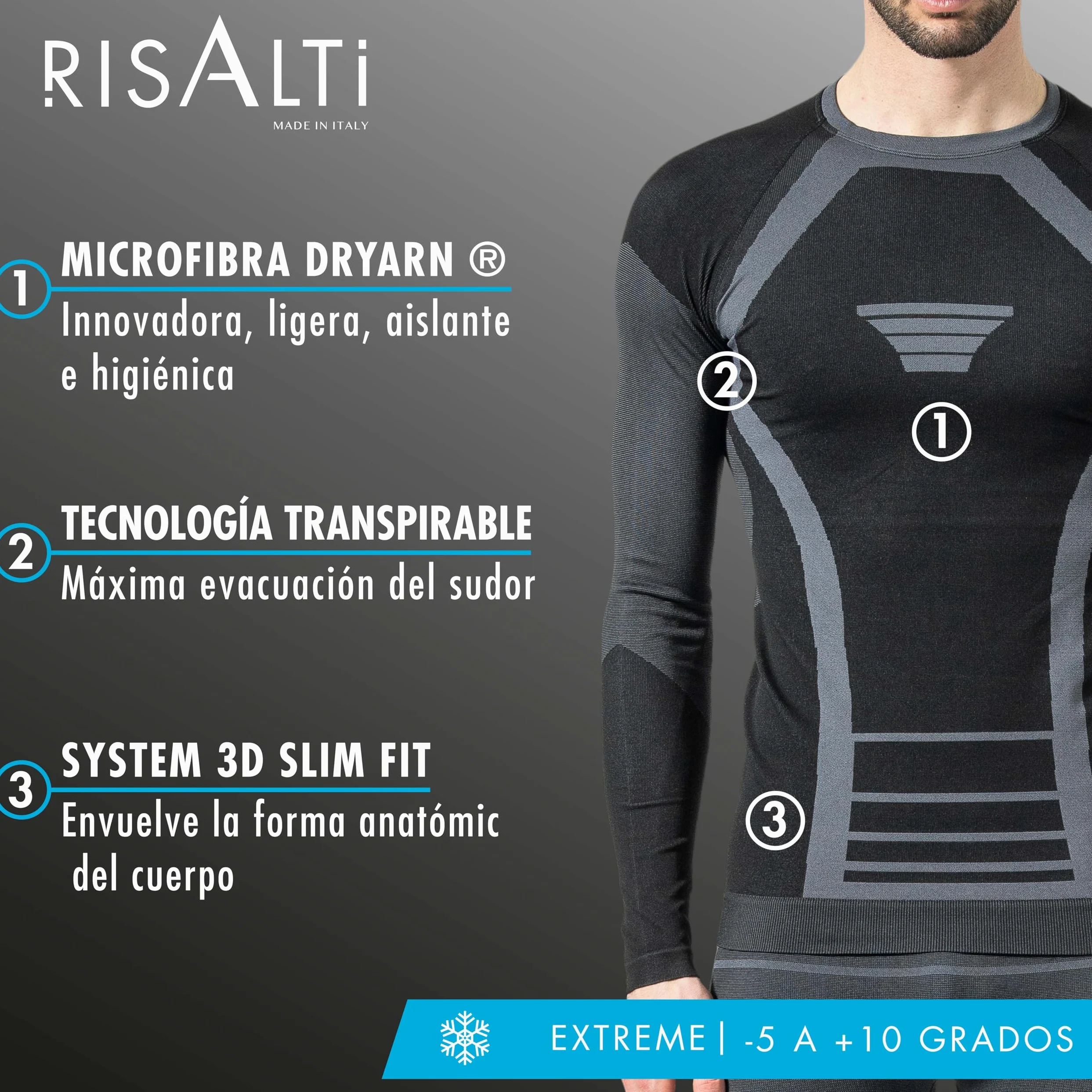 Risalti Camiseta Termica Hombre y Mujer Extreme Unisex - Camiseta Manga Larga Mujer y Hombre, Camiseta Termica Mujer y Hombre Transpirable, Ropa Termica de Invierno Sin Costuras - Made in Italy